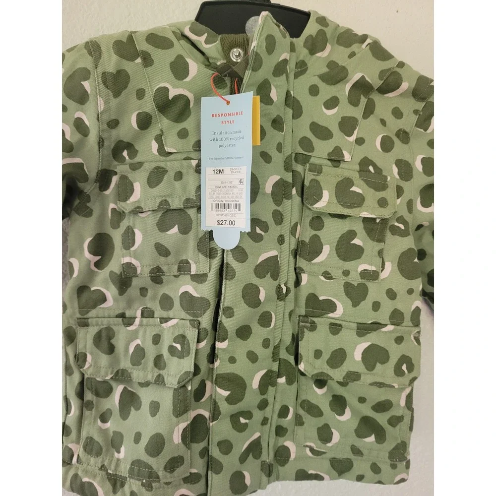 Cat & Jack Baby Girl 12M Olive Green Leopard Heart Print Hooded Jacket #R‎